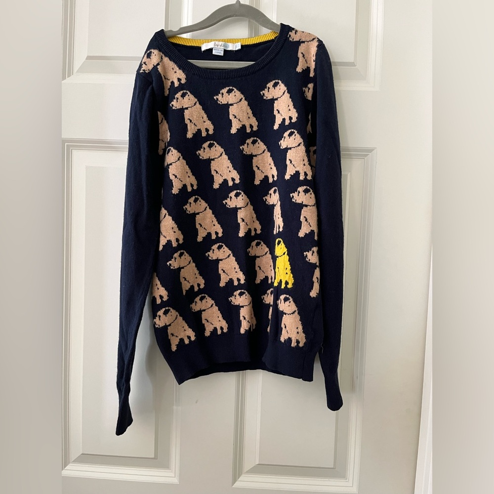 Women’s Boden Navy Tan Yellow Dog Print Crewneck sweater cashmere blend SZ 4 XXS